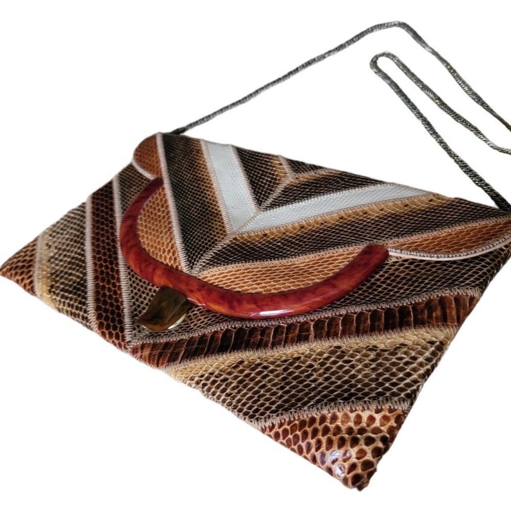 Vintage 1970’s Varon Patchwork Snakeskin Envelope Removable Chain Clutch Purse